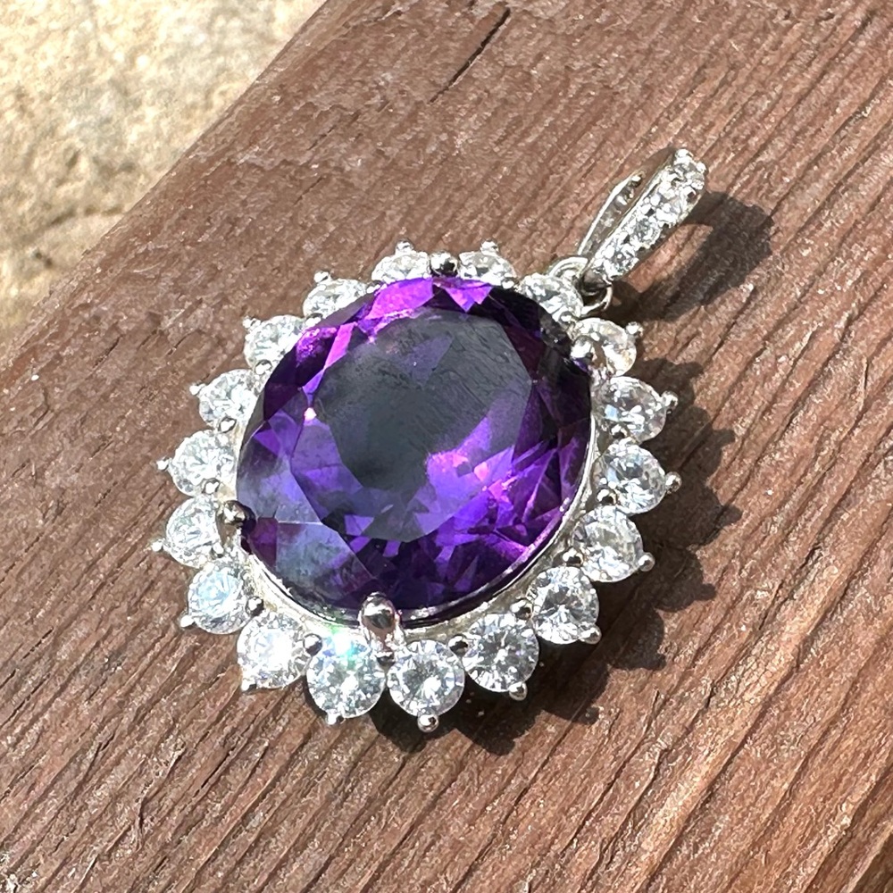 BRAND NEW Amethyst Halo Pendant, Sterling Silver